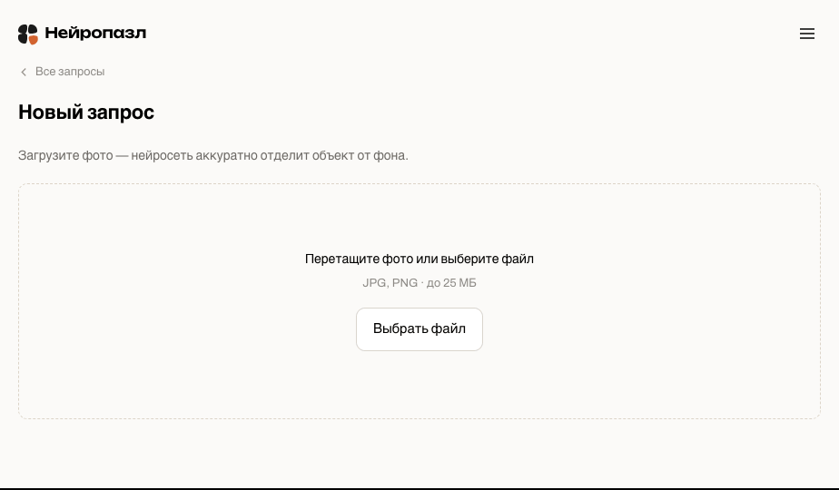 Экран нового запроса с зоной загрузки фото