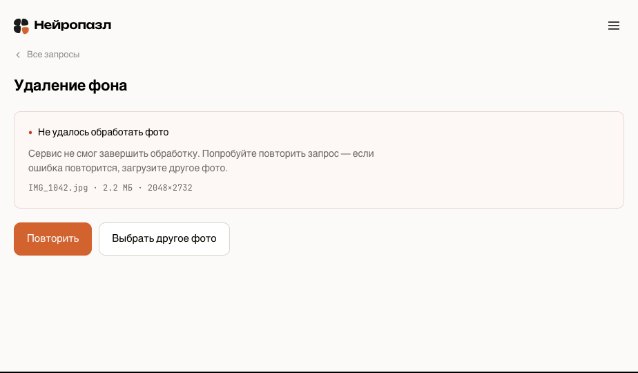 Экран ошибки «Не удалось обработать фото» с кнопками «Повторить» и «Выбрать другое фото»